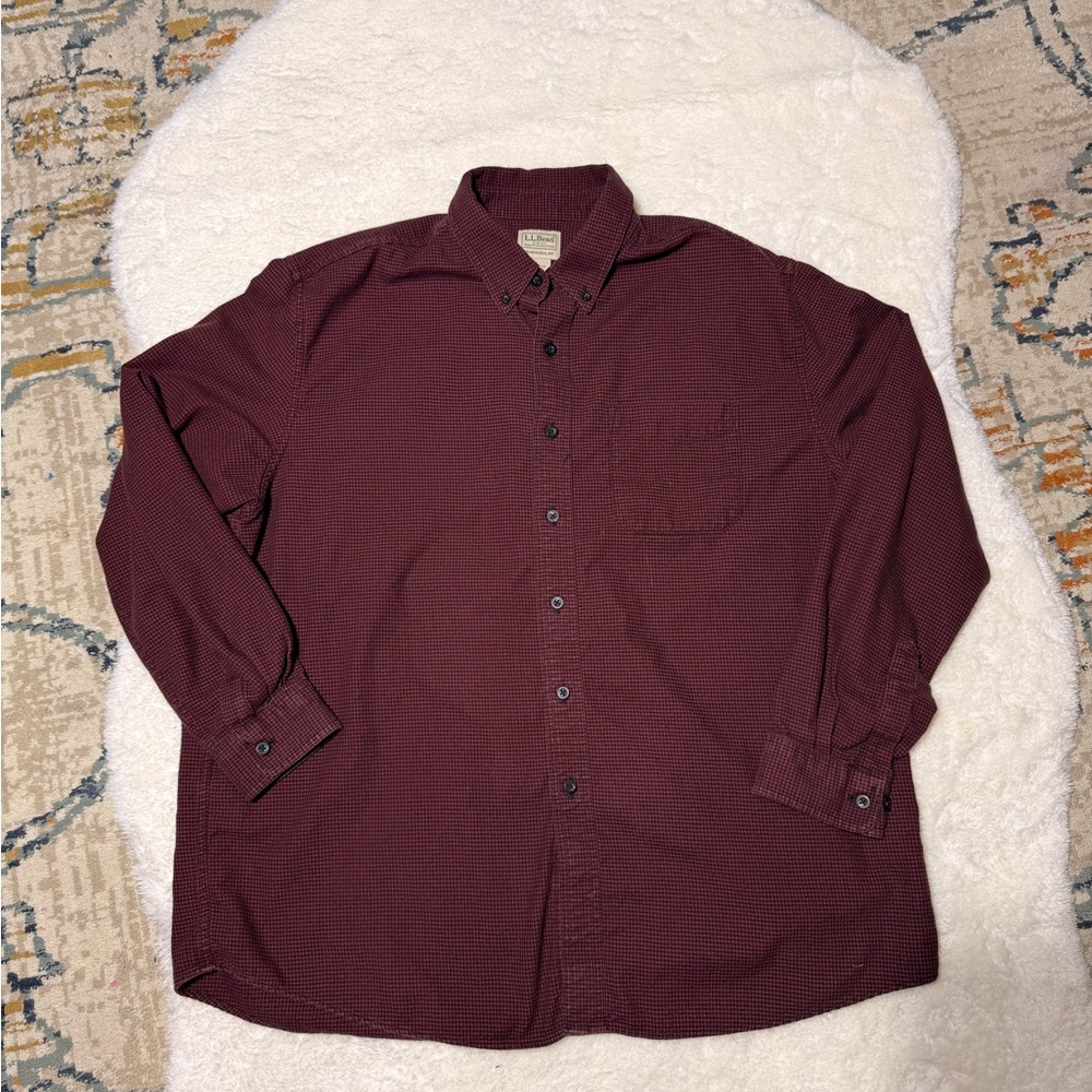 LL Bean Shirt Mens Burgundy Houndstooth Flannel Long Sleeve Button Down sz XL